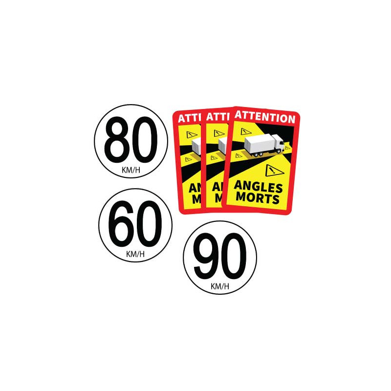 Sticker de signalisation indiquant les vitesses 60, 80 et 90 km/h avec mention angles morts