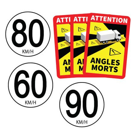 Sticker de signalisation indiquant les vitesses 60, 80 et 90 km/h avec mention angles morts