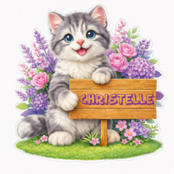 Sticker chaton gris personnalisé avec prénom, autocollant vinyle mignon pour décoration chambre enfant