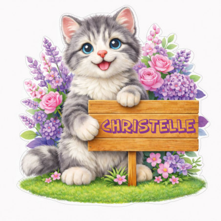Sticker chaton gris personnalisé avec prénom, autocollant vinyle mignon pour décoration chambre enfant
