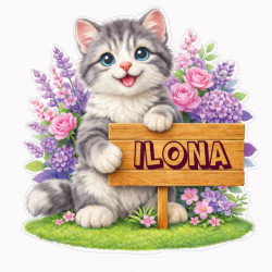 Sticker chaton gris personnalisé avec prénom, autocollant vinyle mignon pour décoration chambre enfant