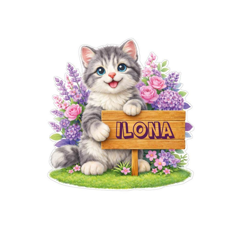 Sticker chaton gris personnalisé avec prénom, autocollant vinyle mignon pour décoration chambre enfant