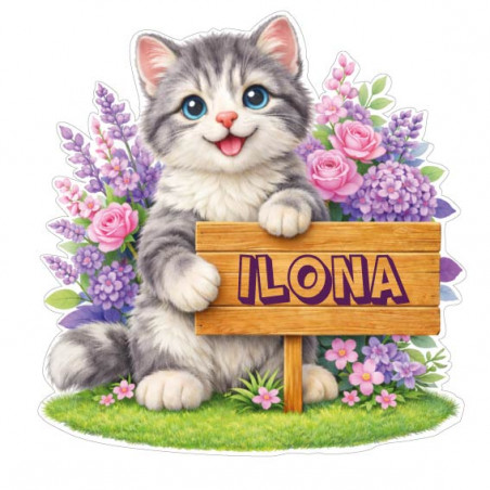 Sticker chaton gris personnalisé avec prénom, autocollant vinyle mignon pour décoration chambre enfant