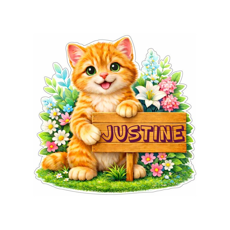 Sticker chat roux personnalisé avec prénom, autocollant vinyle décoratif pour chambre enfant et cadeau personnalisé