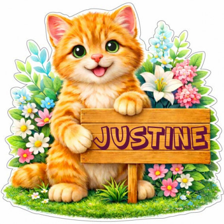 Sticker chat roux personnalisé avec prénom, autocollant vinyle décoratif pour chambre enfant et cadeau personnalisé