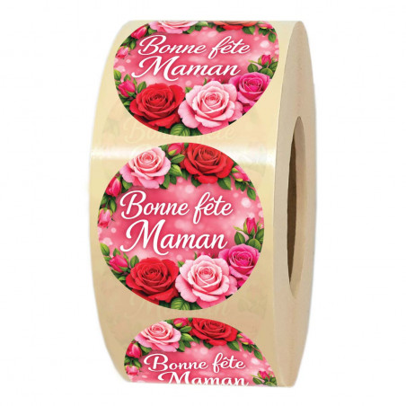 Rouleau de 1000 étiquettes autocollantes rondes Bonne fête Maman motif roses – Ø35 mm