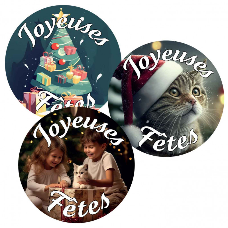 36 Stickers Ronds Joyeuses Fêtes. Étiquettes chatons et sapin de Noël 35mm