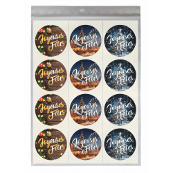 36 autocollants Joyeuses Fêtes pour emballage cadeaux de noël avec image  marché de noël.