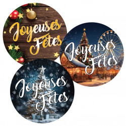 36 Stickers Ronds Joyeuses Fêtes marché de Noël et sapins
