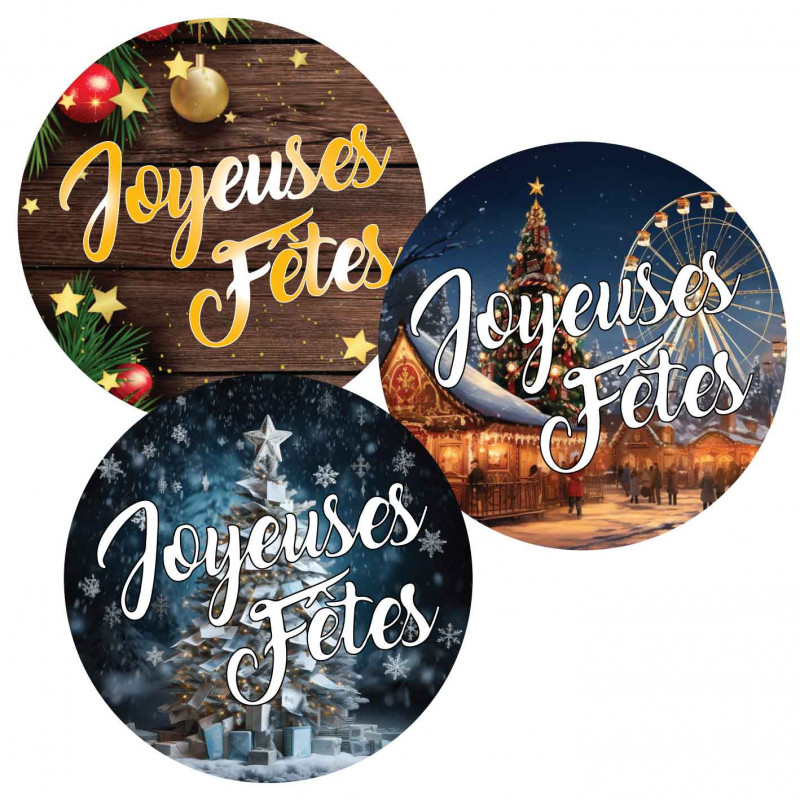 36 Stickers Ronds Joyeuses Fêtes marché de Noël et sapins