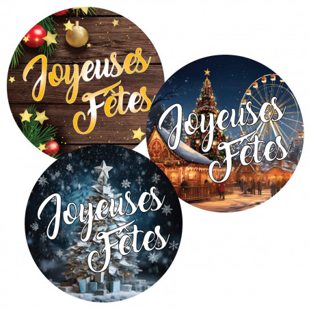 36 Stickers Ronds Joyeuses Fêtes marché de Noël et sapins
