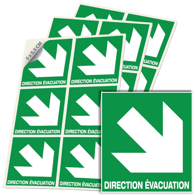 Sticker direction évacuation 45 degrés E006 ISO 7010 signalisation secours incendie