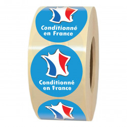 Étiquettes CONDITIONNÉ EN FRANCE – Pastilles rondes Ø 35 mm – Rouleau de 1000 étiquettes
