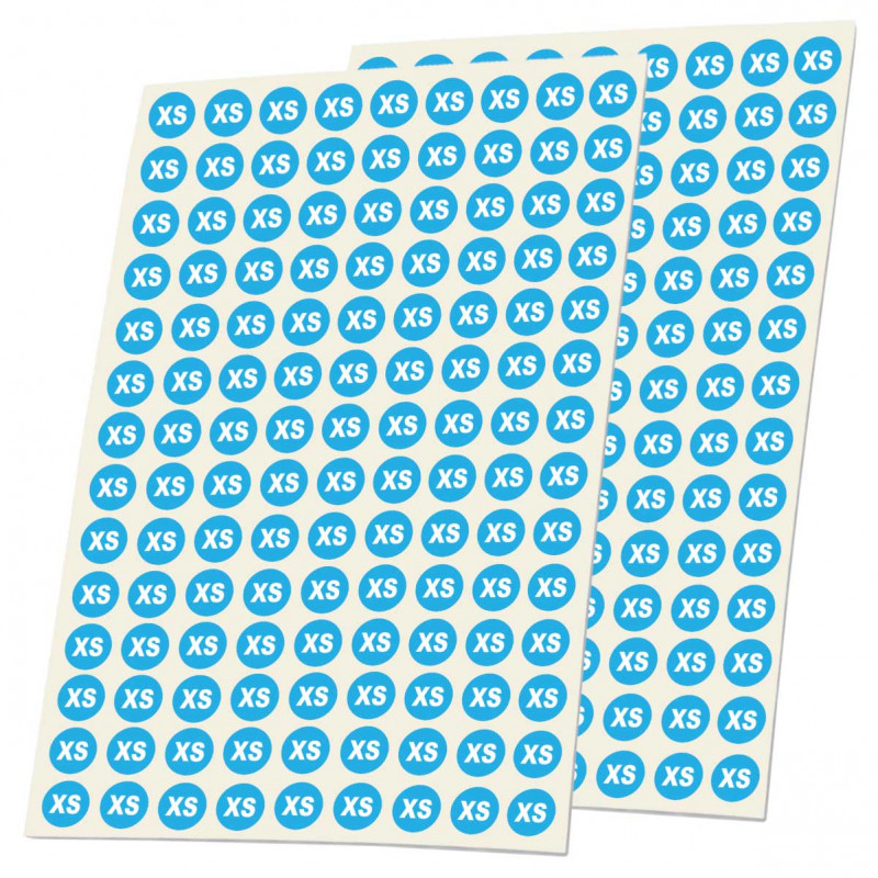 Planche de 252 stickers de taille XS en vinyle bleu diamètre 10 mm pour cintres et vêtements