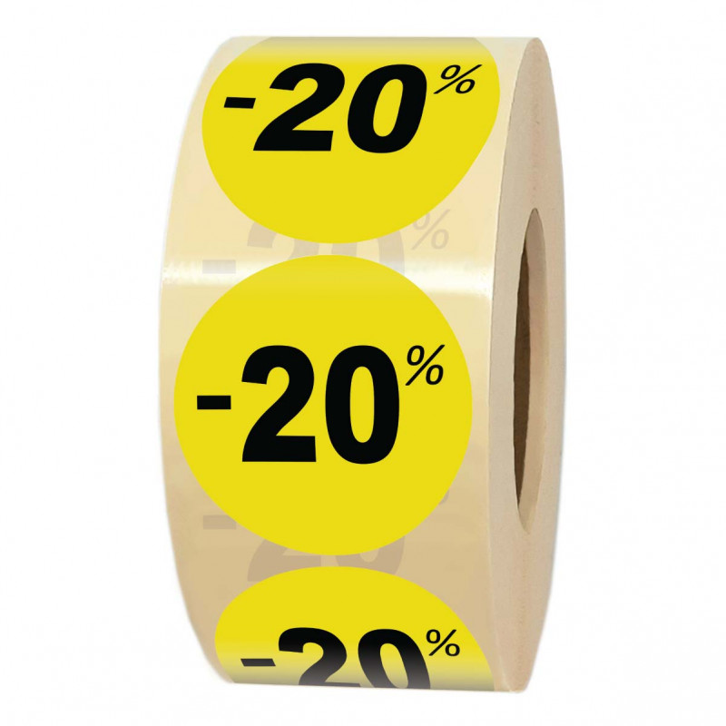 Rouleau de 1000 étiquettes adhésives de soldes et promotion -20%