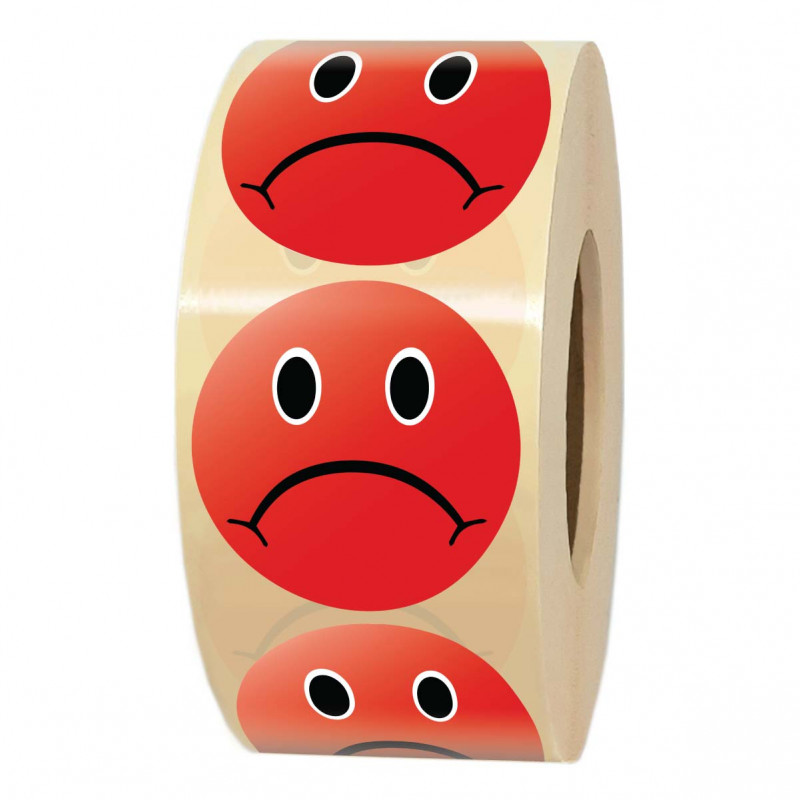 Étiquette adhésive smiley rouge pas content Ø 35 mm en rouleau de 1000