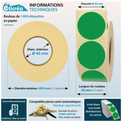 Étiquettes adhésives rondes vertes diamètre 35 mm en rouleau de 1000, papier de qualité pour tri, codage couleur et étiquetage.