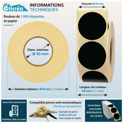 Étiquettes adhésives rondes noires diamètre 35 mm en rouleau de 1000, papier de qualité pour l'organisation et le repérage.