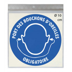 Stickers PORT DES BOUCHONS D'OREILLES OBLIGATOIRE - Taille Ø 10 cm - Lot de 4 autocollants
